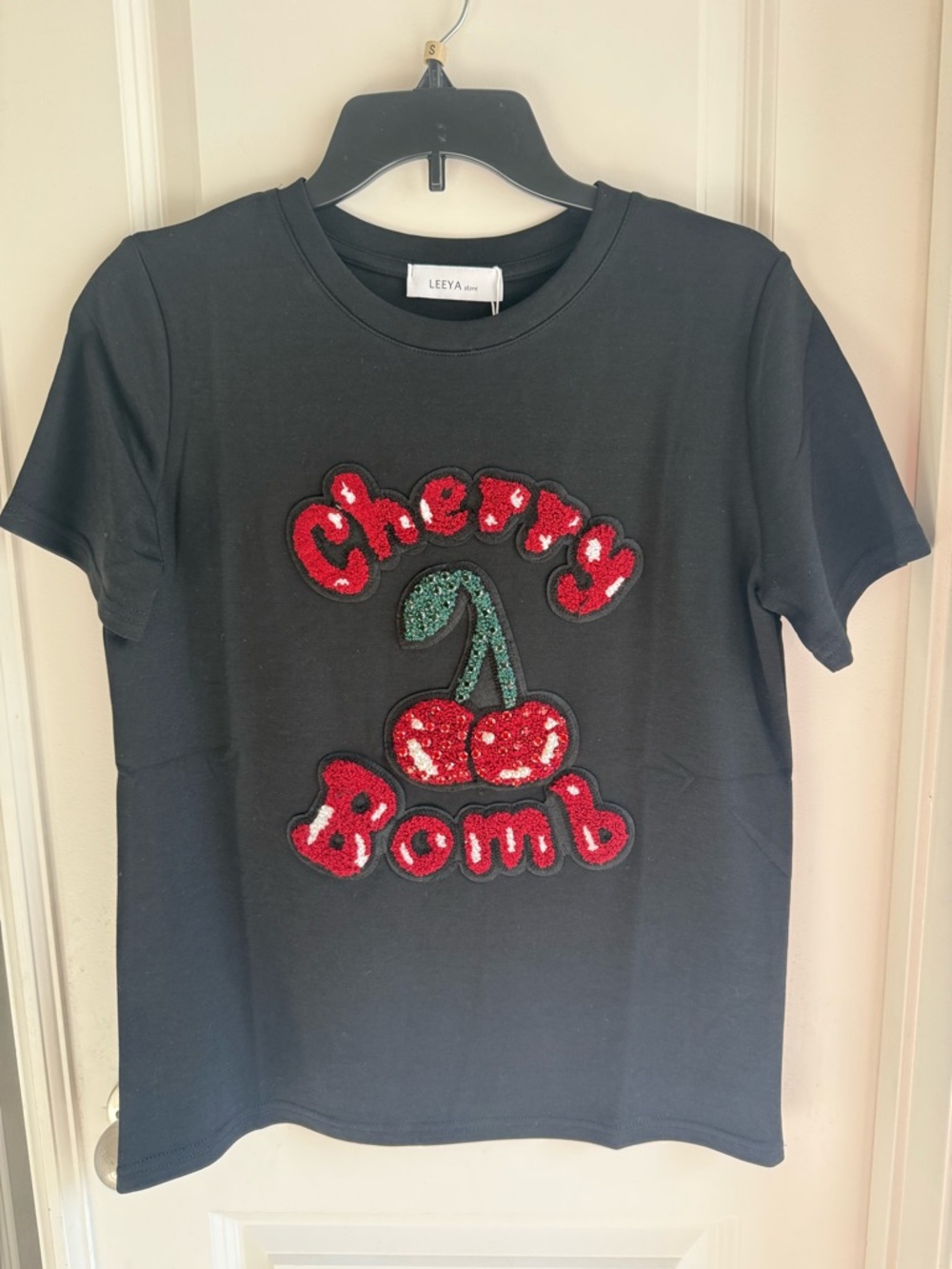 Leeya Black Tee with Red Sequin Cherry Graphic embroidered